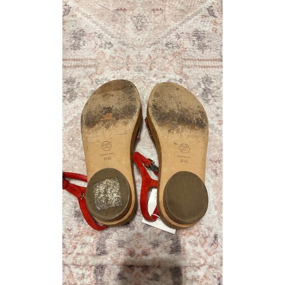 Chanel Red Suede Chain Trim Cork Platform Sandals Ankle Strap CC Logo Size 36.5C - Picture 6 of 7